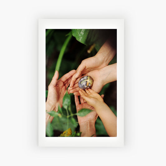 My mom, my sister and my son holding an egg we found